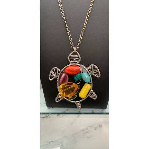Silver Tone Wired Wrapped & Acrylic Beaded Colorful Turtle Pendant Necklace - Picture 1 of 5